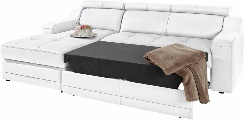 exxpo - sofa fashion Ecksofa Lotos, bequem & funktionell, Federkern, Kopfteilverstellung, L-Form, mit Kopf- bzw. Rückenverstellung, wahlweise mit Bettfunktion, Weiß, – Produktbild 2 von 5