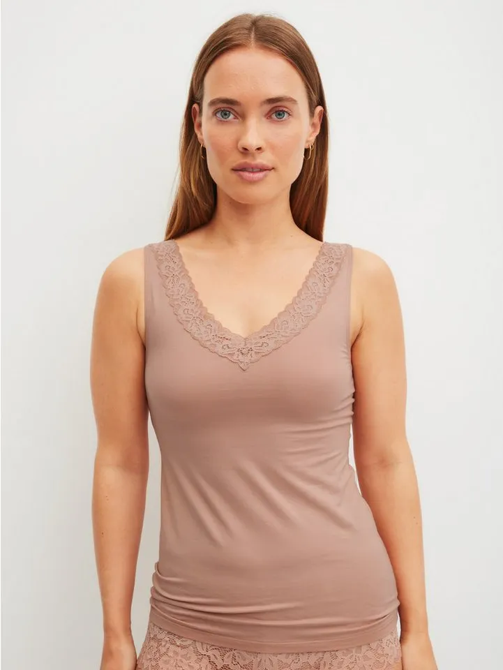 CALIDA CALIDA Tanktop Natural Comfort Lace elastisch, V-Ausschnitt, weiche Spitze, breite Träger, Braun, – Produktbild 1 von 5
