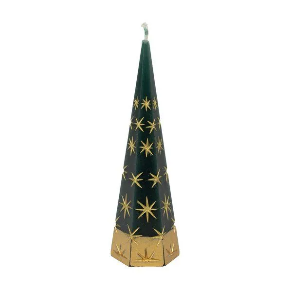 El Puente El Puente Kerze "Weihnachtsbaum mit Sternen" | Fair Trade & Handmade aus Indien, Gold,grün, – Produktbild 1 von 2