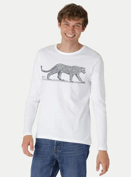 Peaces.bio - handbedruckte Biomode Peaces.bio - handbedruckte Biomode Bio-Herren-Langarmshirt "Leopard", Weiss, – Produktbild 2 von 3