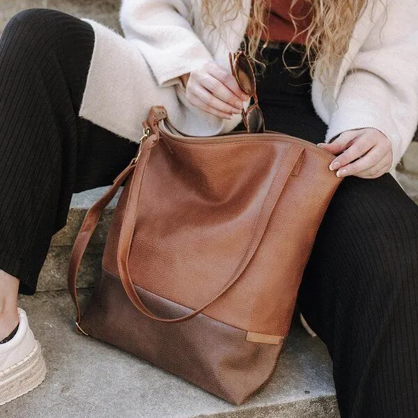 BOWLEANIES TASCHEN BOWLEANIES TASCHEN Shopper & Umhängetasche aus Lederfaserstoff mit Reißverschluss, Braun & dunkelbraun, – Produktbild 3 von 4