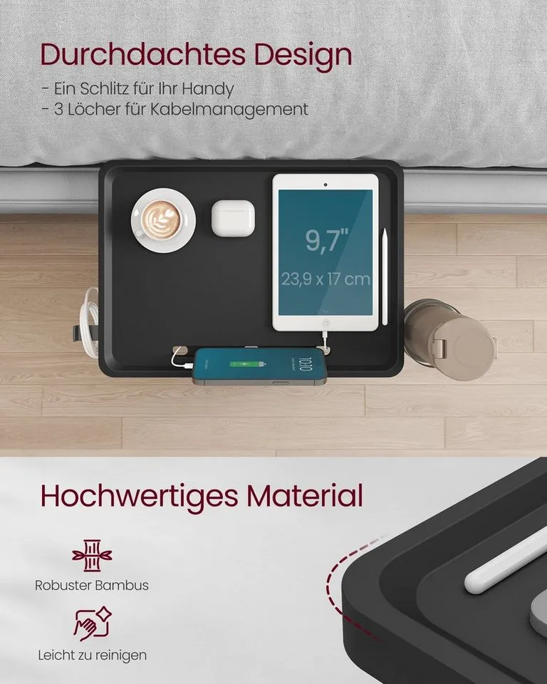 VASAGLE Nachttisch Bettablage, Nachttisch zum Einhängen, Regal für Hochbett, Schlitz für Handy, Getränkehalter Haken drehbar, verstellbare Klemmen, Schwarz, – Produktbild 3 von 5