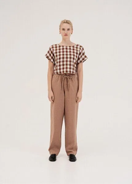 AmourLinen AmourLinen Leinen-Crop-Top mit Knöpfen LISA, Mokka-gingham, – Produktbild 2 von 4