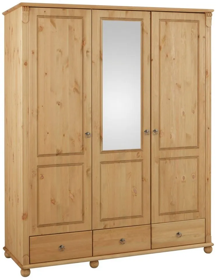 OTTO home Kleiderschrank Tessin, Dretürenschrank, 3-türig (B/H/T ca. 152/191/59 cm) Breite 152 cm, Kiefer massiv, mit Spiegel und 3 Schubladen, Beige, – Produktbild 2 von 5