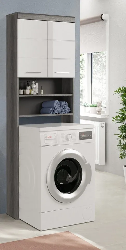 Inn.Furn Waschmaschinenumbauschrank Shawn (Waschmaschinenschrank weiß und grau Rauchsilber, für Geräte 60 cm) Hochglanz, Weiß, – Produktbild 3 von 5