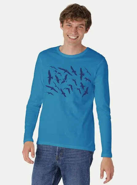 Peaces.bio - handbedruckte Biomode Peaces.bio - handbedruckte Biomode Bio-Herren-Langarmshirt Möwen, Türkis, – Produktbild 2 von 2