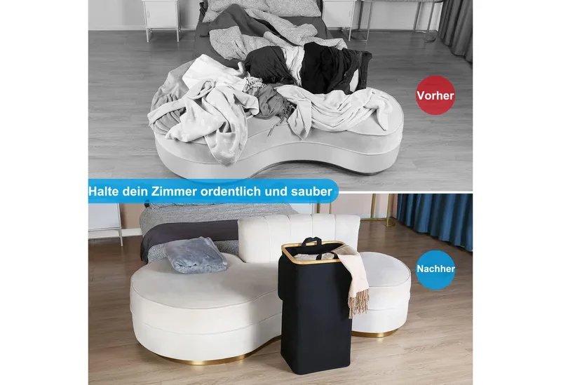 SURFOU Wäschekorb Wäschesammler mit Deckel Laundry Baskets Waschesammelbox Wäschetonne (100L Große Speicherkapazität Faltbarer Wäschesack aus Oxford-Gewebe Bambus Wäschebox mit Griff, Grau/Schwarz, Laundry Baskets, Wäschetonne für Schmutzwäsche, mit herausnehmbaren und waschbaren Innensäcken), ideal für Schlafzimmer, Badezimmer und Waschküche, Schwarz, – Produktbild 3 von 5