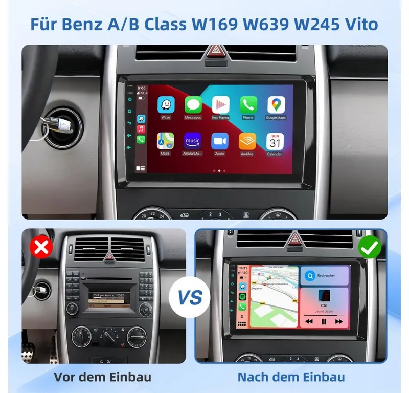 ESSGOO Android 15 Für Mercedes-Benz A/B Klasse/Vito W169 W639 W245 W906 Navigationsgerät (2 DIN Carplay Bluetooth Navigationsgeräte Rückfahrkamera(optional), Schwarz, – Produktbild 5 von 6