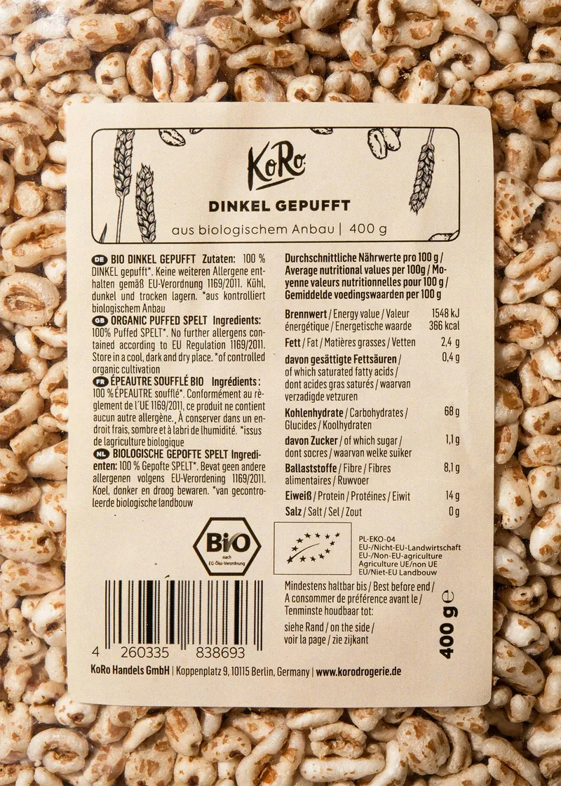 KoRo Gepuffter Bio Dinkel 6 x 400 g – Produktbild 3 von 5