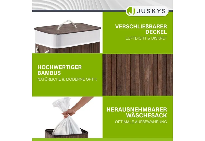 Juskys Wäschekorb Curly 72 L in Braun aus Bambus mit Deckel & waschbarem Wäschesack, Wäschesammler für 2 Personen, faltbar mit Griffen, 40 x 30 x 60 cm, Braun, – Produktbild 3 von 5