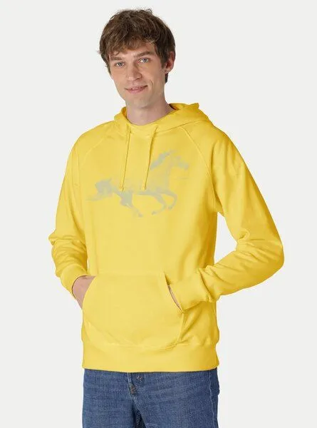 Peaces.bio - handbedruckte Biomode Peaces.bio - handbedruckte Biomode Bio-Herren-Kapuzensweater Horsepower, Gelb, – Produktbild 1 von 2
