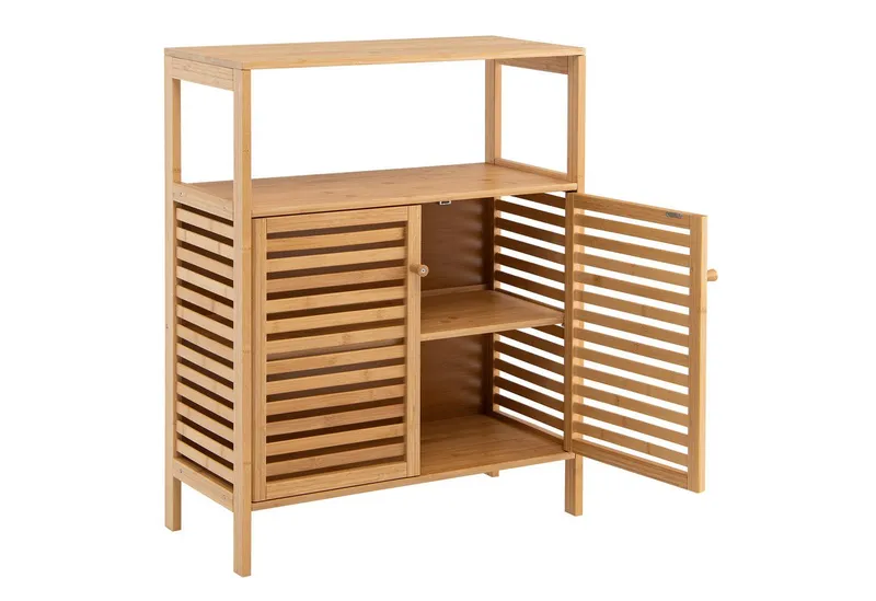 COSTWAY COSTWAY Badkommode, Bambus,abnehmbares Regal,Lamellentüren, 64x27,5x80cm, Beige, – Produktbild 1 von 5