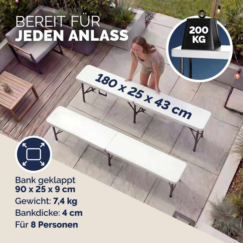 Casaria® Bierbank 2er-Set klappbar platzsparend für 8 Personen 200kg je Bank, Weiß, – Produktbild 2 von 2