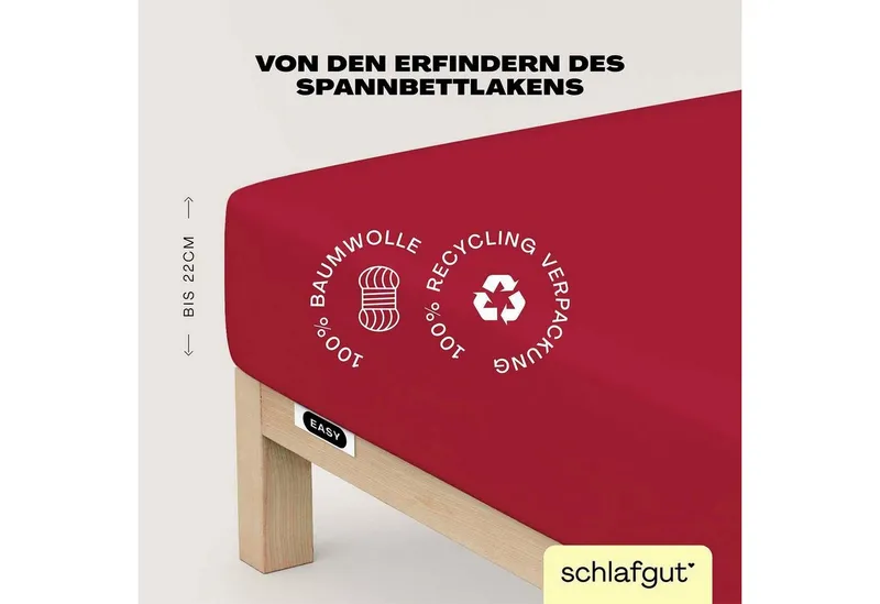 Schlafgut Schlafgut Spannbettlaken EASY JERSEY Bettlaken, 150 g/m², 100% Baumwolle, Spannbetttuch, Jersey, Gummizug: rundum, (1 Stück), Spannbettlaken bis 22 cm Höhe, bügelfrei, pflegeleicht, perfekter Sitz, Rot, – Produktbild 2 von 5