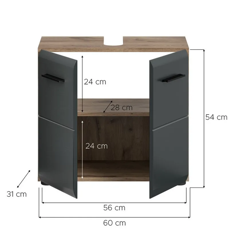 furnling Waschbeckenunterschrank Ivy Badunterschrank mit 2 Türen & Ausschnitt, MDF Front, Stauraumschrank, Schwarz, – Produktbild 5 von 5