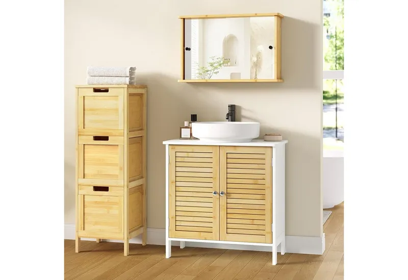 EUGAD Waschbeckenunterschrank (1-St) Unterschrank aus Bambus, 60x60x30 cm, Weiß, – Produktbild 2 von 5