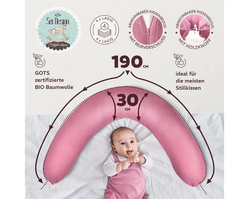 SEI Design Stillkissenbezüge Bezüg für Stillkissen Lagerungskissen Seitenschläferkissen 190x30 cm, 100% Baumwolle, Rosa, – Produktbild 3 von 5