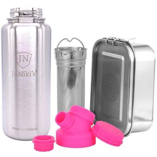 JN JuNiki's JN JuNiki's Set "Blume des Lebens": Lunchbox + 1 Liter Edelstahltrinkflasche + Teefilter, Pink, – Produktbild 1 von 4