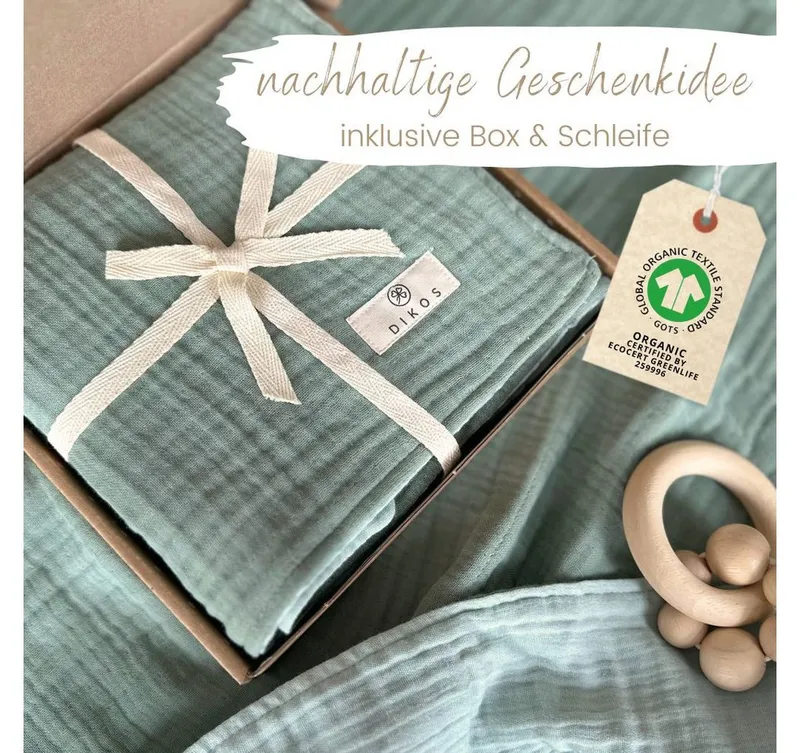 Babydecke Musselin Babydecke 6-lagig gekreppt, 100% GOTs Bio-Baumwolle, DIKOS, PREMIUM Qualität, 70x100 cm, atmungsaktiv, nachhaltig, kuschelweich, Mint, – Produktbild 4 von 5
