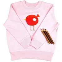MelaDi Meladi Kinder Sweater aus Biobaumwolle - Roter Vogel auf Pink – Produktbild 1 von 1