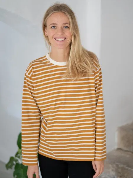 FUXBAU FUXBAU Frauen Streifen Longsleeve - creme grün, bordeaux, blau oder senf, Blue, – Produktbild 3 von 8