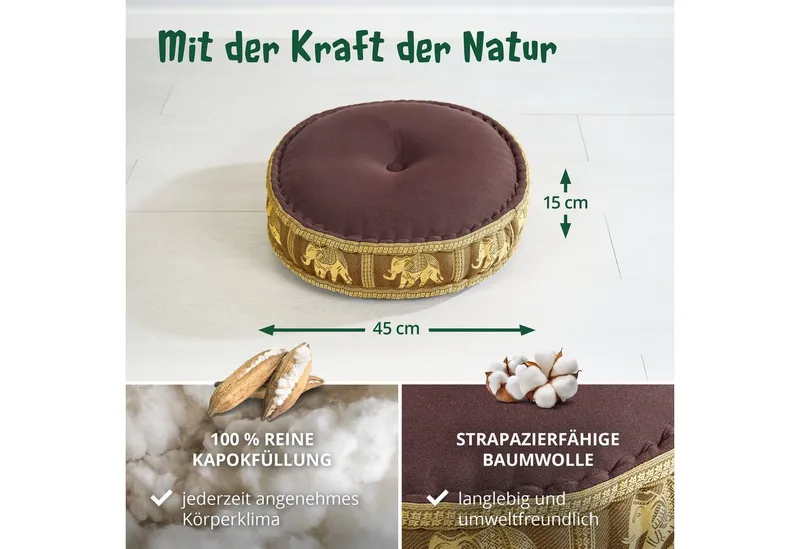 livasia Meditationskissen Zafukissen groß (Deluxe) - 45x15cm, Kapok, vegan, handgefertigt, Braun, – Produktbild 4 von 5