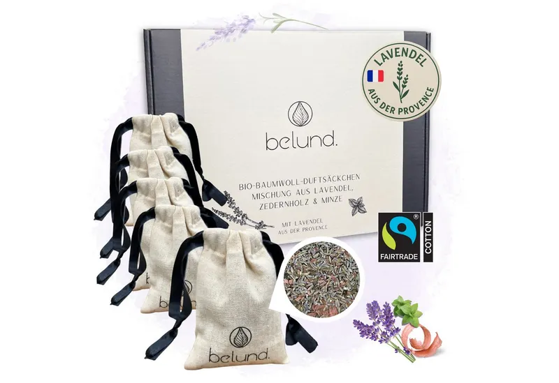 belund. Raumduft BIO-Baumwolle Lavendelsäckchen der Provence mit Zedernholz & Minze (5x Säckchen, Lavendelmischung mit Minze & Zedernholz), Lavendel, Kleidermotten, Duftsäckchen, Zedernholz, Beige, – Produktbild 1 von 5