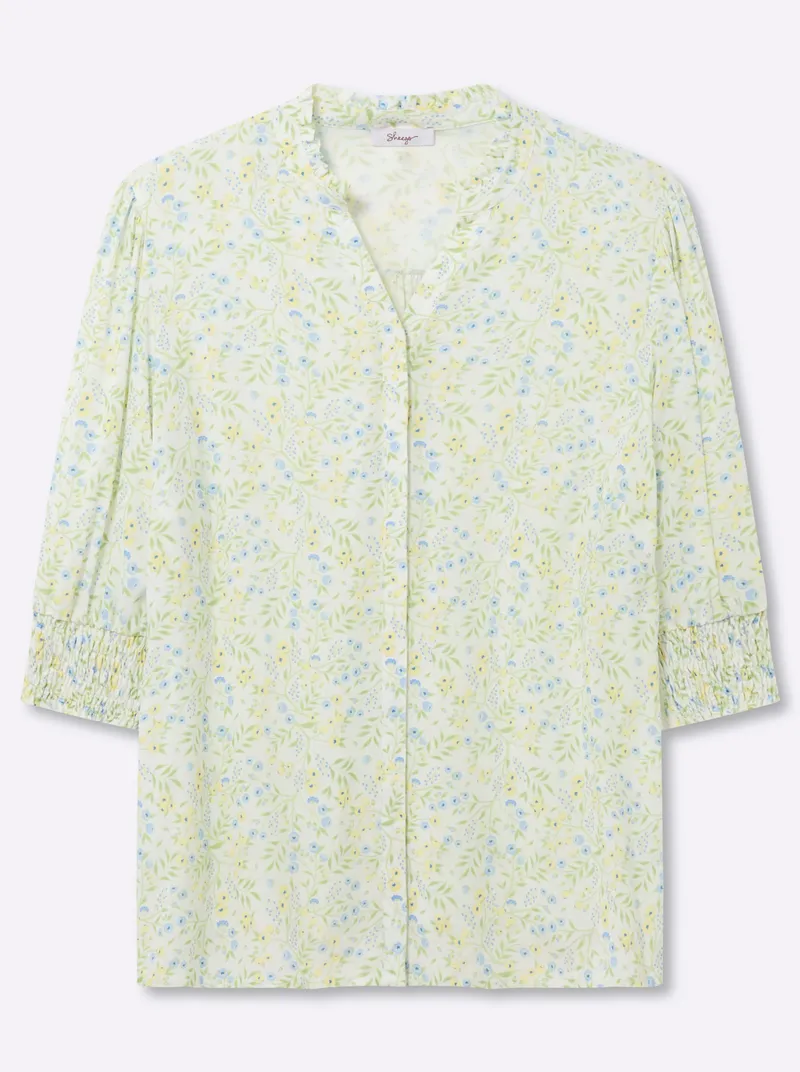 sheego Bluse mit Stehkragen, Ecru-eisblau-gemustert, – Produktbild 1 von 2