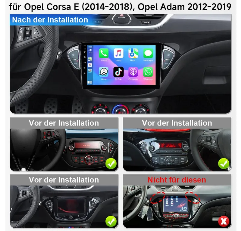 A-Sure 9" Für Opel Corsa E 2015-2019 4+64G Carplay WiFi GPS Navi Bluetooth5.0 Autoradio (RDS, Digitalradio (DAB), FM, AM, 1280*800 IPS Screen/8-Core CPU) – Produktbild 2 von 5