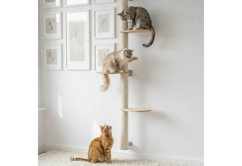 eyepower Kratzbaum zur Wandmontage 240 cm Wandkratzbaum für Katzen mit 5 Bambus Plateaus, Sistammstamm Wand - Katzenkratzbaum platzsparend - Kletterwand Katze, Beige, – Produktbild 3 von 5