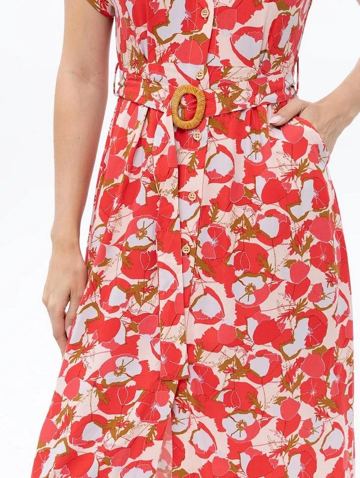 Passioni Hemdblusenkleid mit Blumenprint Sommerkleid mit floralem Print in Rot- Orange – Produktbild 2 von 5
