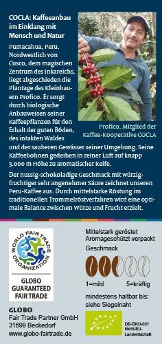 GLOBO Fair Trade GLOBO Fair Trade Bio-Espresso COCLA PERU, gemahlen oder ganze Bohne – Produktbild 2 von 2