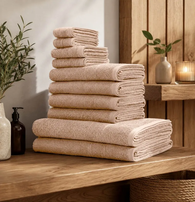 OTTO home Handtuch Set Inga, 3 Qualitäten, Duschtücher, Handtücher, Gästetücher, Seiftücher, Walkfrottier (10-St), Handtücher mit feiner Bordüre, 100% Baumwolle, Beige, – Produktbild 7 von 8