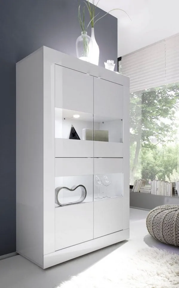 Home affaire Vitrine Basic Höhe 162 cm, Standvitrine mit 4 Türen - Metallgriffe, Stauraumvitrine in moderner Rahmenoptik, Hochschrank, Anrichte, Weiß, – Produktbild 8 von 8