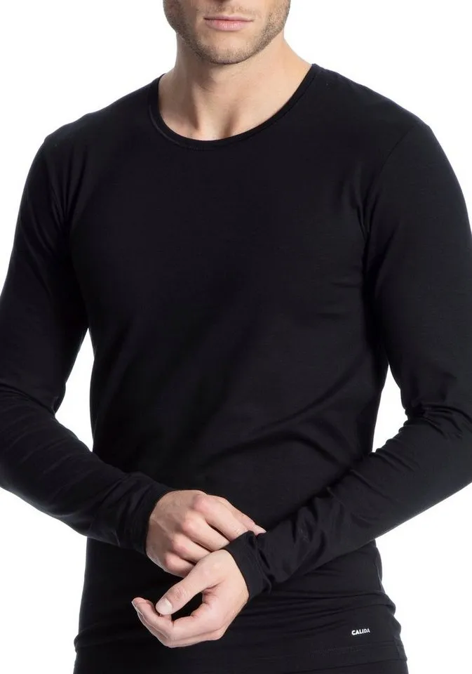 CALIDA CALIDA Langarmshirt Cotton Code Rundhals-Ausschnitt, Single Jersey, formstabil, elastisch, weich, Schwarz, – Produktbild 4 von 5