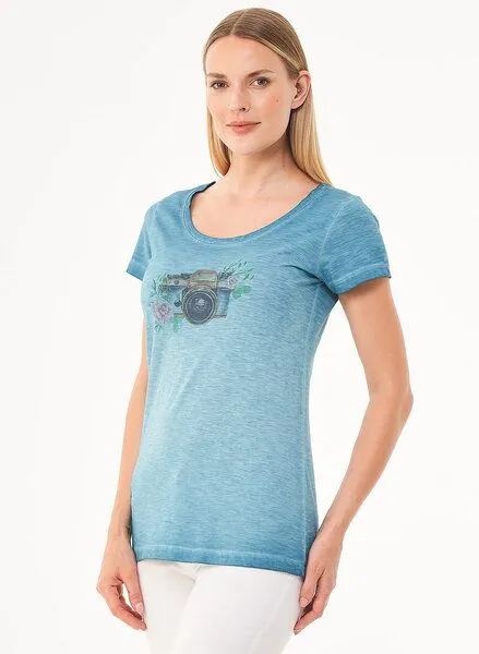 ORGANICATION ORGANICATION Cold Pigment Dyed T-Shirt aus Bio-Baumwolle mit Kamera-Print, Blau(mint), – Produktbild 2 von 4