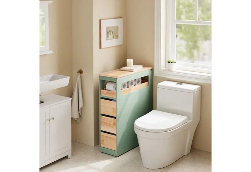 SoBuy Beistellwagen BZR54, Badezimmerschrank mit Rollen, Badschrank schmal, Kommode, Küchenwagen schmal Nischenwagen Badezimmerregal mit Rädern, ausziehbar, Grün, – Produktbild 2 von 5