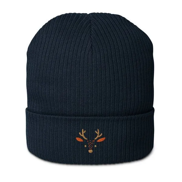 PepMelon PepMelon Niedliche gestickte Hirsch-Mütze aus Bio-Rippstrick, Navy blau, – Produktbild 1 von 4