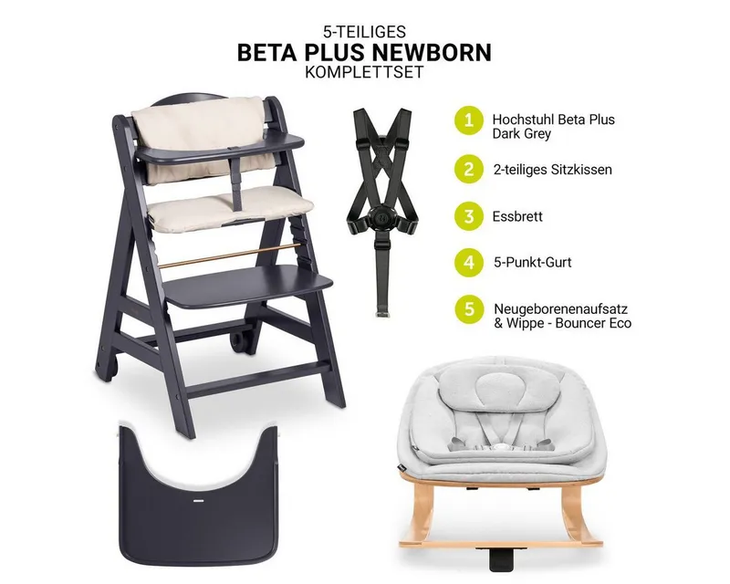 Hauck Hauck Hochstuhl Beta Plus Dark Grey Newbornset Eco - Light Grey (Set), Holz Babystuhl ab Geburt mit Neugeborenensufsatz, Sitzkissen, Essbrett, Grau, – Produktbild 2 von 5