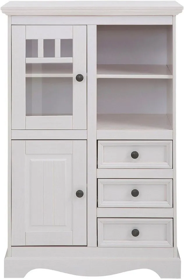 OTTO home Highboard Melissa Vitrine mit 2 Türen und 3 Schubladen, Metallknopfgriffe, mit 2 Türen, eine davon mit Glaseinsatz, natürliche Maserung, Weiß, – Produktbild 3 von 5