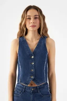 DAWN Dawn Damen vegan Weste Denim Astra Ausgefranst Dunkelblau – Produktbild 1 von 1