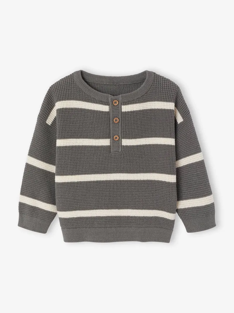 Vertbaudet Vertbaudet Baby Pullover Wabenstrick mit Knopfleiste, Graugrün, – Produktbild 1 von 3