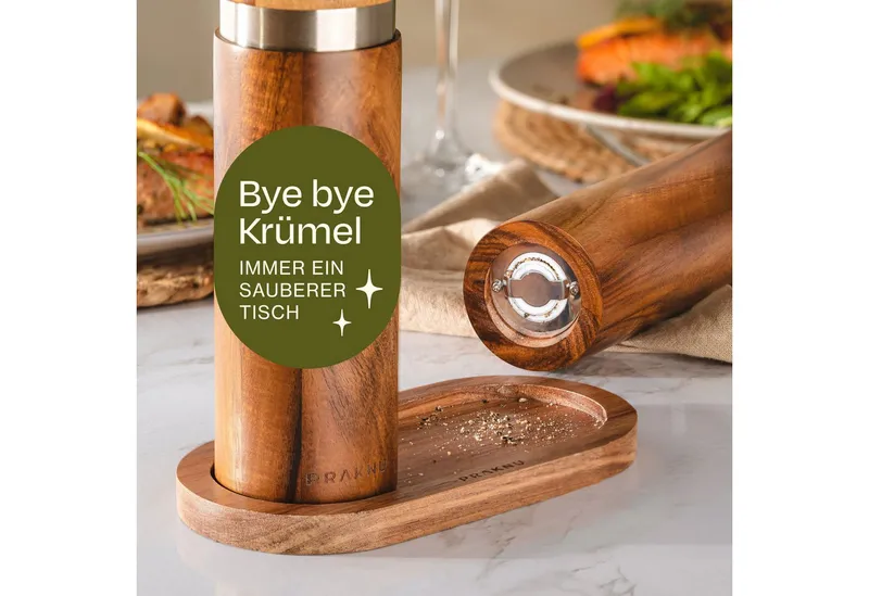 Praknu Salz-/Pfeffermühle Salz und Pfeffermühle aus Akazienholz mit Untersetzer manuell, Beige, – Produktbild 3 von 5
