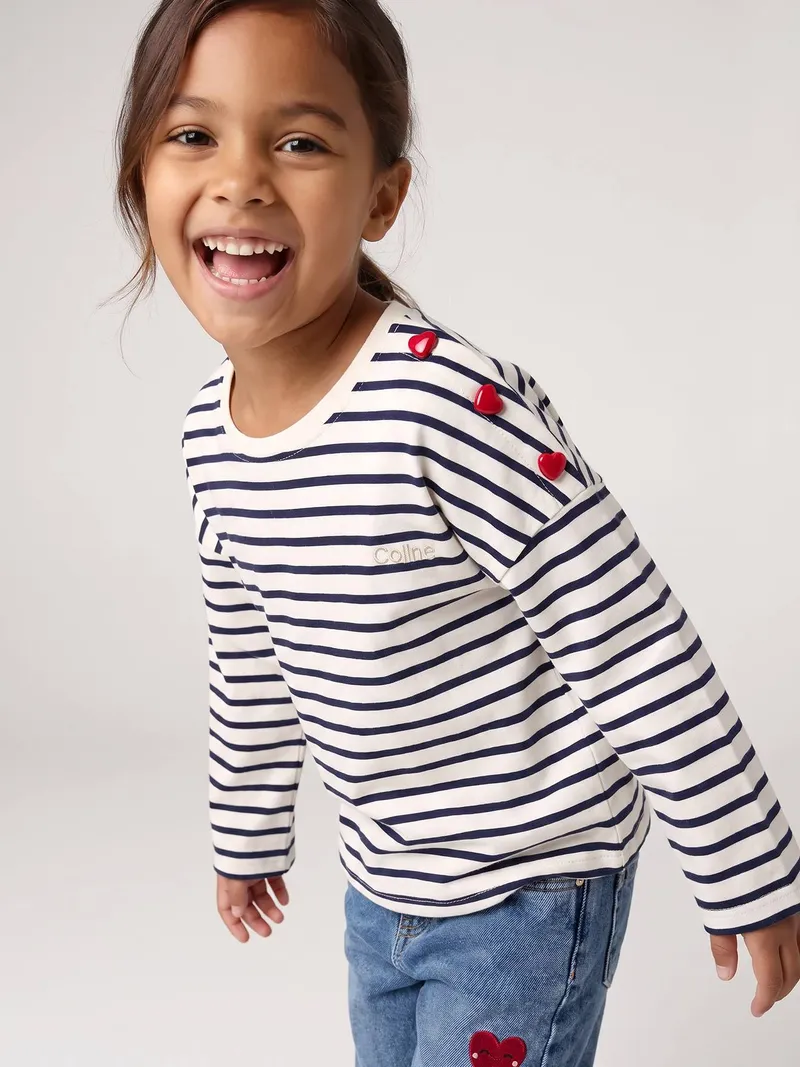 Vertbaudet Ringelshirt mit Herzknöpfen Mädchen, Marine, – Produktbild 2 von 4