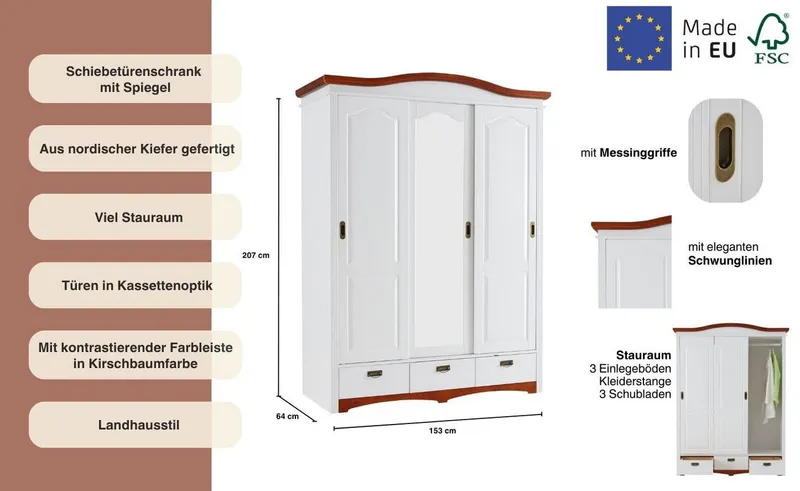 OTTO home Schiebetürenschrank Konrad, Landhausstil, rustikal, mit Schubladen + Spiegel, Kassetten (3 Breiten: 153/202/249 cm H/T ca.207/64 cm) massive Kiefer, FSC®-zertifiziert, Messinggriffe, mehrere Varianten, Weiß, – Produktbild 1 von 5