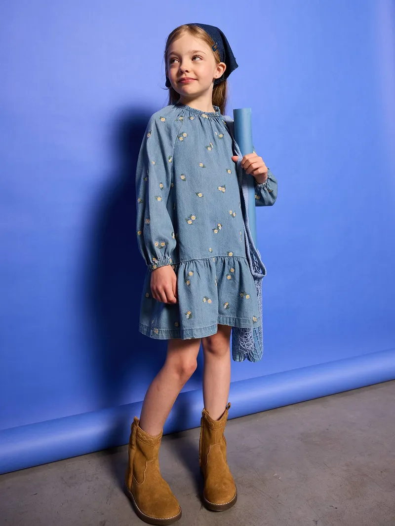 Vertbaudet Jeanskleid aus Light-Denim mit Stickerei Mädchen, Jeansblau, – Produktbild 1 von 4