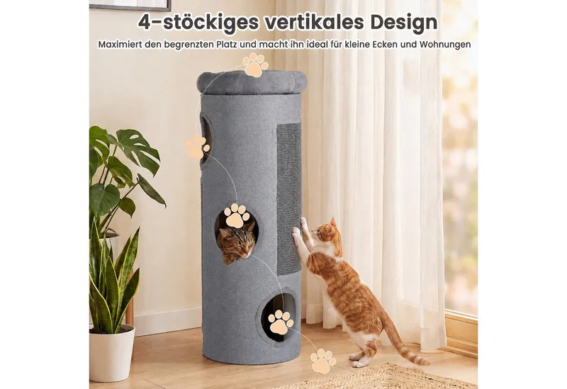 COSTWAY COSTWAY Kratzbaum Katzentonne mit 3 Höhlen, 4 Ebenen Katzentonne, 113 cm hoch, Grau, – Produktbild 2 von 7