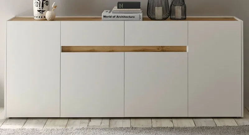 Furn.Design Sideboard Center (Anrichte in weiß mit Wotan Eiche, 220 x 87 cm), 4-türig 2 Schubladen, Weiß, – Produktbild 3 von 5
