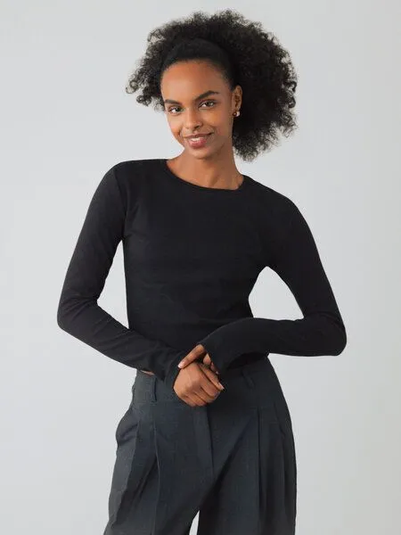 Honest Basics Honest Basics Damen Crop-Langarmshirt aus Bio- und recycelter Baumwolle, Schwarz, – Produktbild 2 von 4