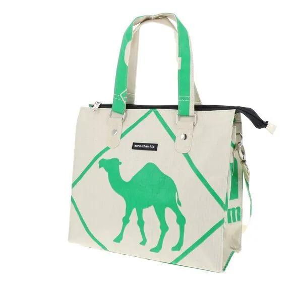 MoreThanHip MoreThanHip Damen Schultertasche aus recycelten Zement- oder Fischfuttersäcken - Dara, Creme/grün - kamel, – Produktbild 2 von 4